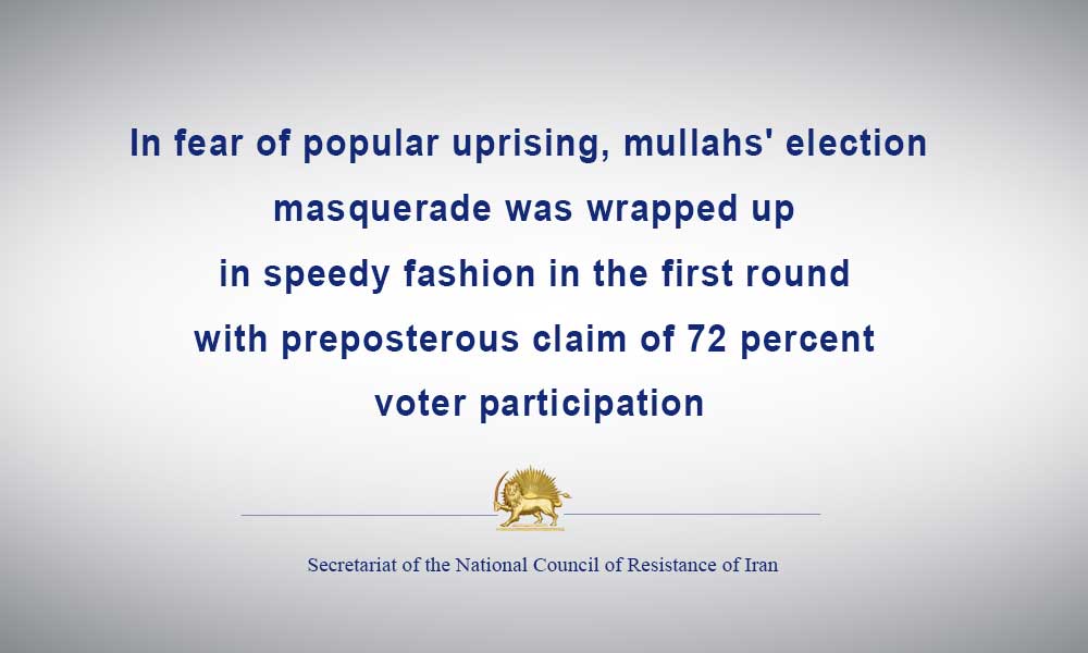 In fear of popular uprising, mullahs’ election masquerade was wrapped up in speedy fashion in the first round with preposterous claim of 72 percent voter participation
