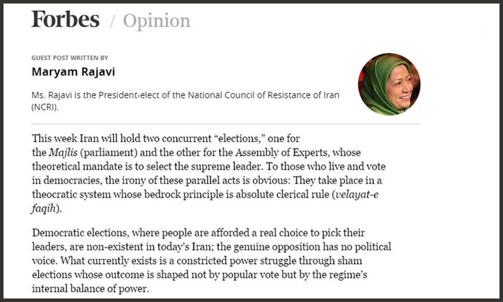 Forbes- February 26, 2016 No Real Choice In The Iran ‘Elections’ By Maryam Rajavi