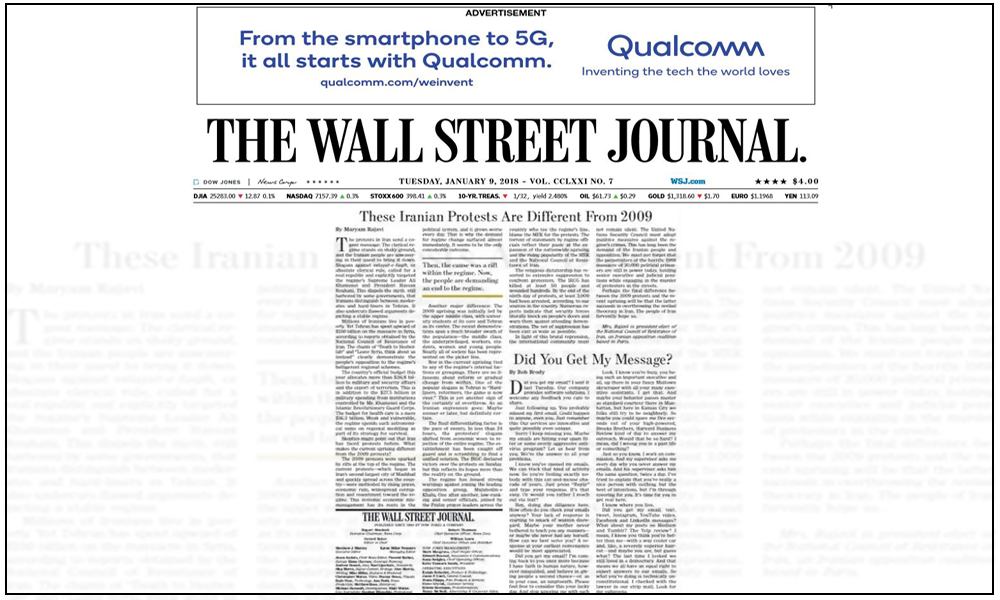 Maryam Rajavi’s Opinion in Wall Street Journal: These Iranian Protests Are Different From 2009