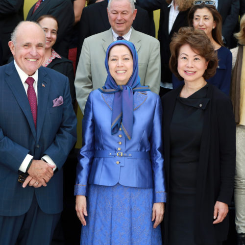 Maryam Rajavi, with Rudi Giuliani, Elaine Chao, Robert Pittenger, Mrs Rohrabacher, Dana Rohrabacher,  Ingrid Betancourt and Maria Tereza Fernandez at the grand annual gathering in Paris _43