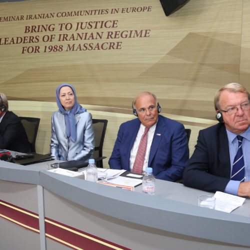 Maryam Rajavi-The first day of the two-day seminar featured a number of international personalities including Edward Rendell, Bernard Kouchner, Struan Stevenson, and Dr. Tahar Boumedra-1