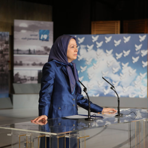 Maryam Rajavi speaks to the gathering commemorating the sixth anniversary of the martyrs of the epic battle in Ashraf on ~4