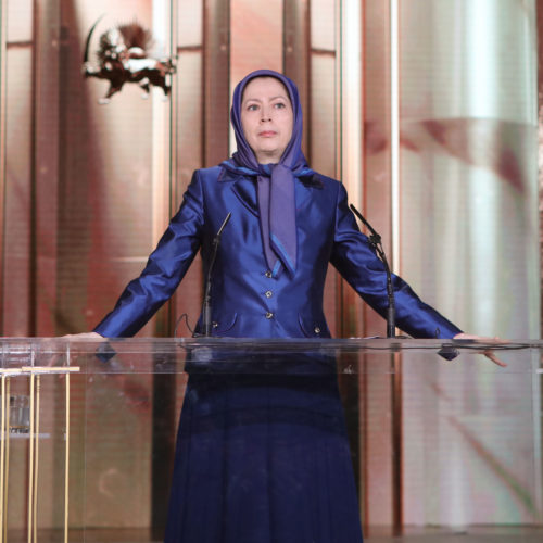 Maryam Rajavi speaks to the gathering commemorating the sixth anniversary of the martyrs of the epic battle in Ashraf on ~3
