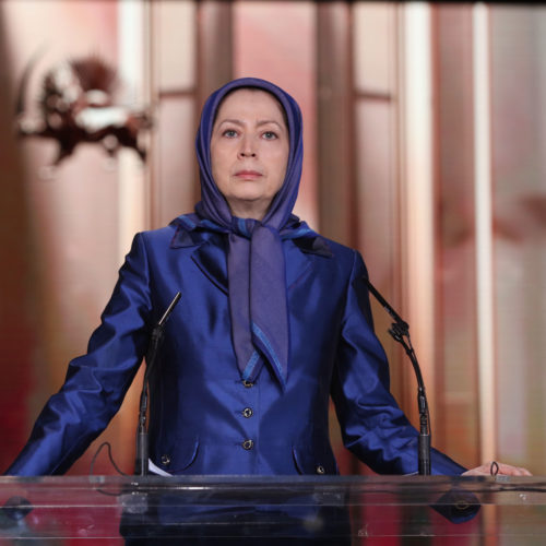 Maryam Rajavi speaks to the gathering commemorating the sixth anniversary of the martyrs of the epic battle in Ashraf on ~2