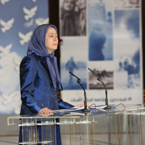 Maryam Rajavi speaks to the gathering commemorating the sixth anniversary of the martyrs of the epic battle in Ashraf on ~1