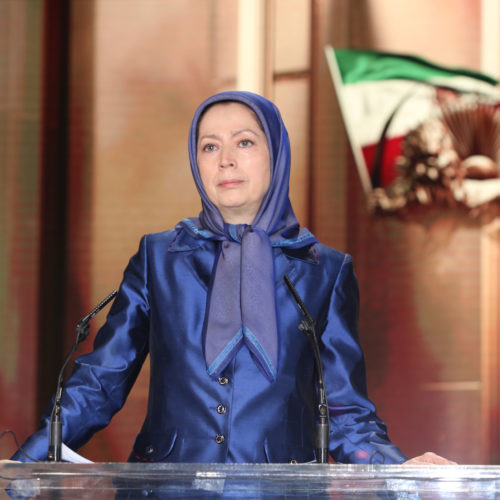 Maryam Rajavi speaks to the gathering commemorating the sixth anniversary of the martyrs of the epic battle in Ashraf on ~5