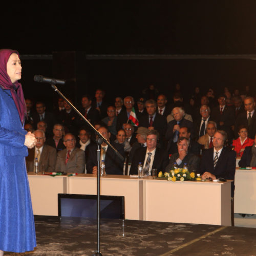 Maryam Rajavi speaks to the gathering commemorating the first anniversary of the rocket attack of October 29, 2015 on Camp Liberty – October 2016