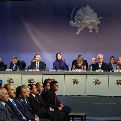 Maryam Rajavi and participating dignitaries in the ceremony marking the second anniversary of the heavy rocket attack on Camp Liberty, October 29, 2017