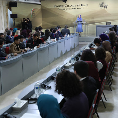 Maryam Rajavi speaks to a gathering of members and supporters of the Iranian Resistance hosting former US House Speaker Newt Gingrich, Senator Robert Torricelli