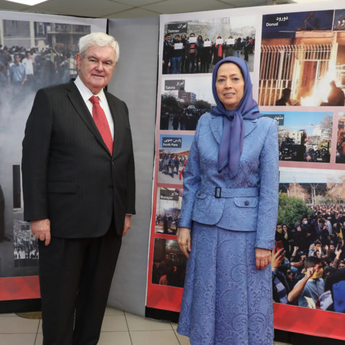 Maryam Rajavi, former US House Speaker Newt Gingrich, visit an exhibition honoring the Iranian people’s uprising and those martyred