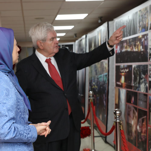 Maryam Rajavi, former US House Speaker Newt Gingrich, visit an exhibition honoring the Iranian people’s uprising and those martyred