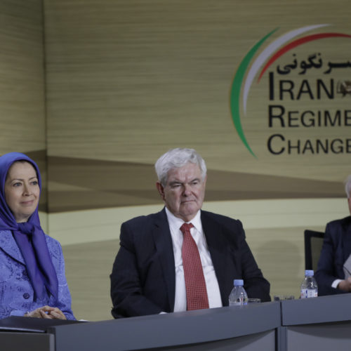 Maryam Rajavi accompanied by Newt Gingrich and Robert Torricelli at the conference entitled, “Regime Change in Iran, Onward with 1000 Ashrafs”