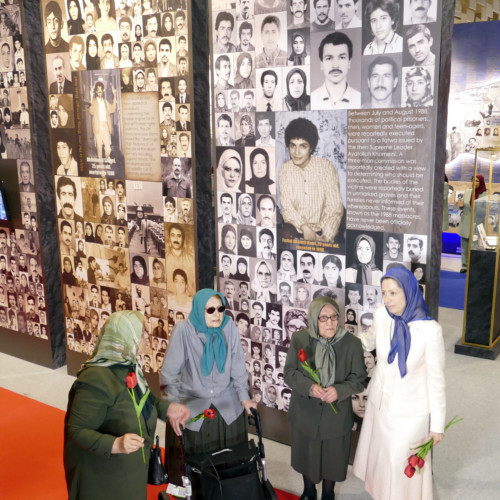 Maryam Rajavi accompanied by mothers of Iranian Resistance’s martyrs at the exhibition of the Iranian people’s 120 years of struggle for freedom – July 12, 2019