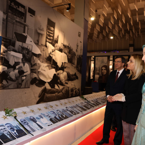 Monika Kryemadhi and Maryam Rajavi visit the exhibition of the Iranian people’s 120 years of struggle for freedom – standing by the images of martyrs of the massacre in Asharf on September 1, 2013