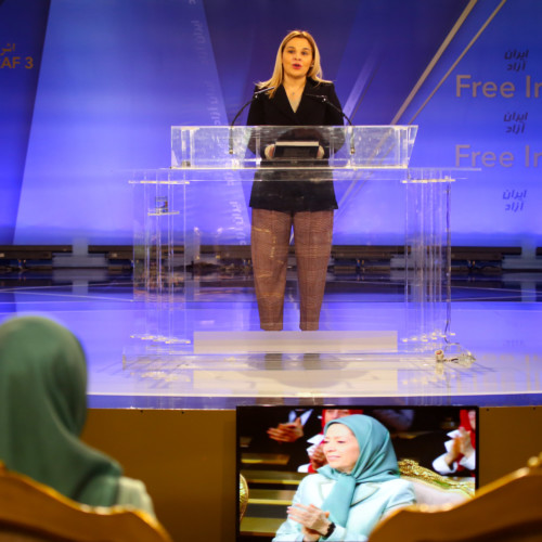 Mrs. Monika Kryemadhi speaks in the gathering of PMOI members at Ashraf 3 in the presence of Maryam Rajavi