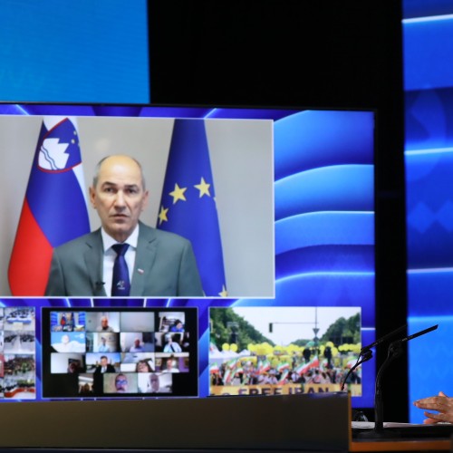 Janez Janša, Prime Minister of Slovenia speaks at the first day of the Free Iran World Summit - The Democratic Alternative on the March to Victory- July 10, 2021