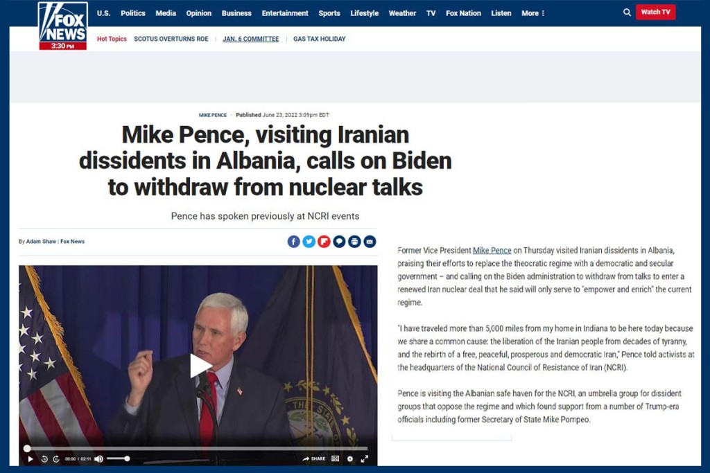 Mike Pence, visiting Iranian dissidents in Albania, calls on Biden to withdraw from nuclear talks