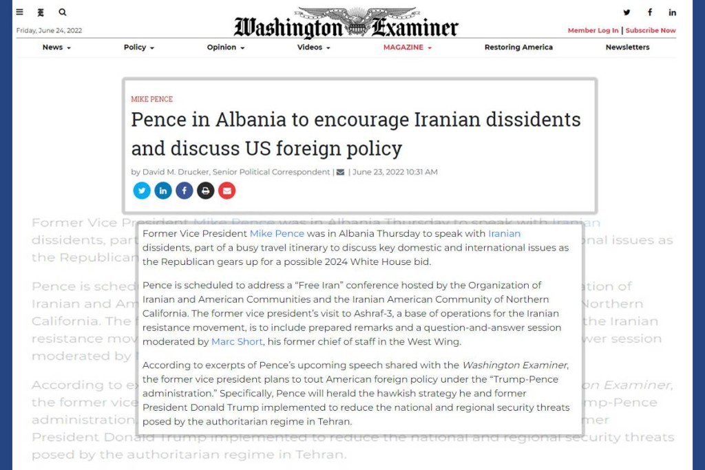 Pence in Albania to encourage Iranian dissidents and discuss US foreign policy