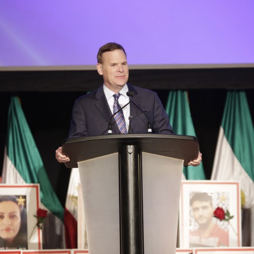 Former Canadian Minister of Foreign Affairs John Baird addresses the Iranian communities’ summit in Canada on the anniversary of the 1979 anti-monarchical Revolution