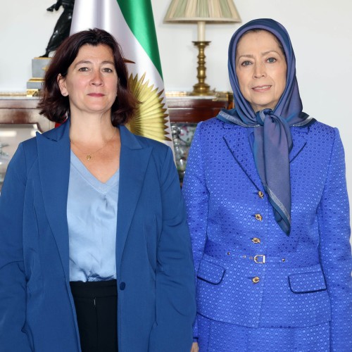 Maryam Rajavi with Cécile Rilhac, the President of the Parliamentary Committee for a Democratic Iran, at the French National Assembly in Paris, May 17, 2023