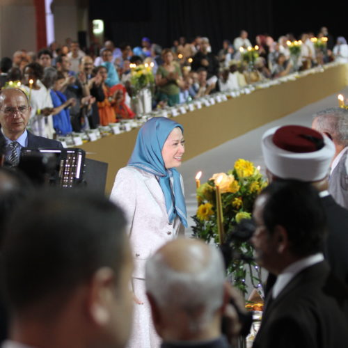 Maryam Rajavi Iran’s opposition Leader greeting dignitaries from Arab and Islamic countries and representatives of Muslim communities in France in a major Ramadan conference in Paris on 3 July 2015 -1