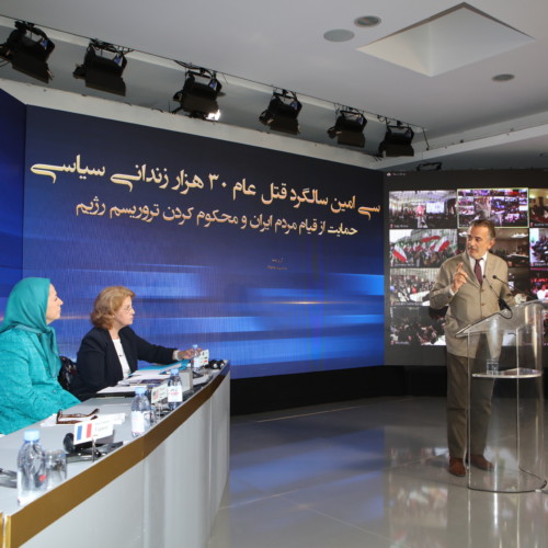 Paris First District Mayor, Jean-François Legaret, speaks to the Iranian Communities’ global conference marking the 30th anniversary of the massacre of 30,000 political prisoners