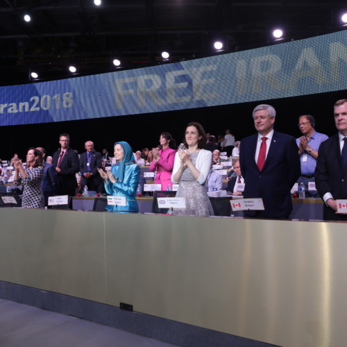 Maryam Rajavi with the Rt. Hon. Theresa Villiers, Stephen Harper, former Prime Minister of Canada, and John Baird, former Foreign Minister of Canada