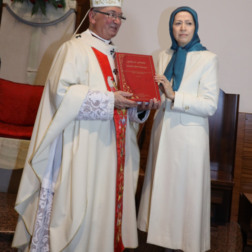 Maryam Rajavi presented the list of 20,000 PMOI martyrs and a Last Supper painting to Archbishop George Anthony Frendo