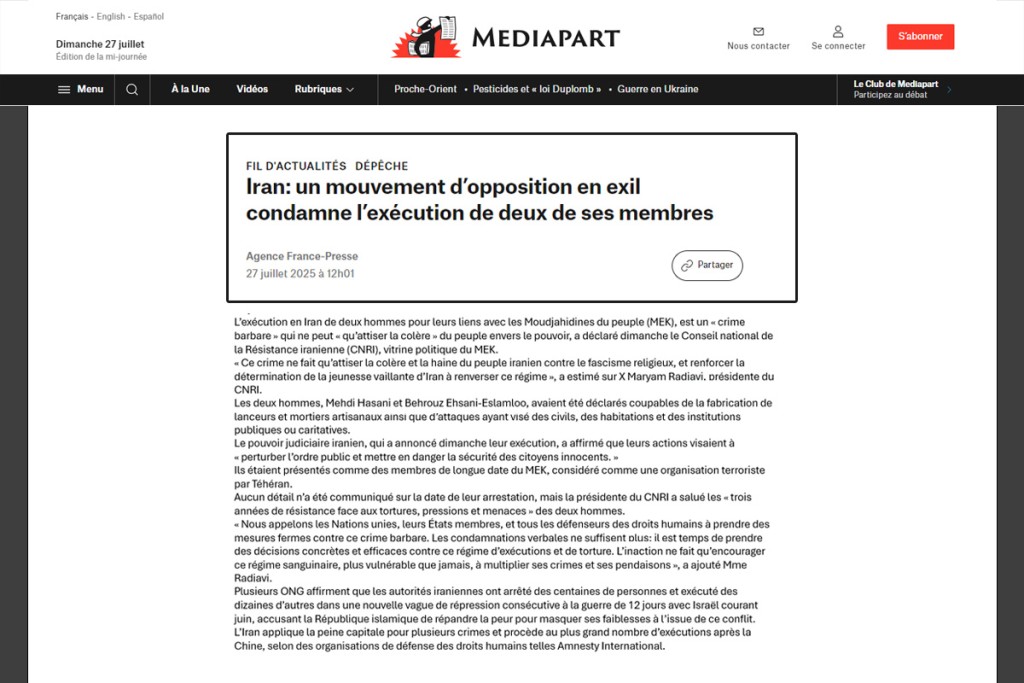 Iran: un mouvement d’opposition en exil condamne l’exécution de deux de ses membres