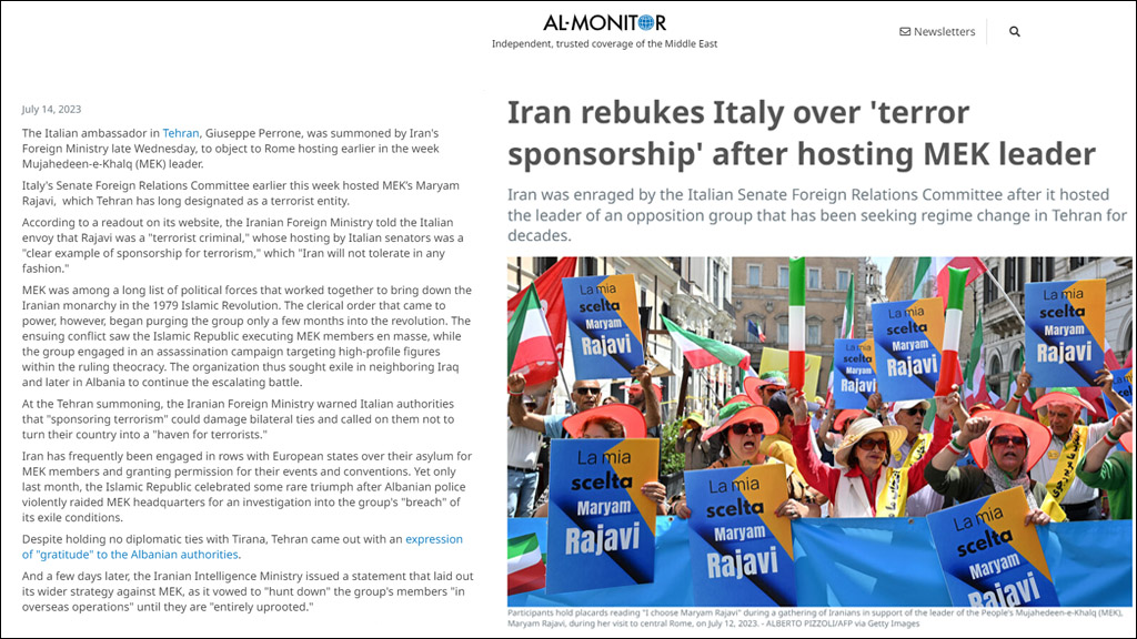 ایران پس از میزبانی از رهبر مجاهدین خلق ایتالیا را به دلیل «حمایت از تروریسم» سرزنش کرد