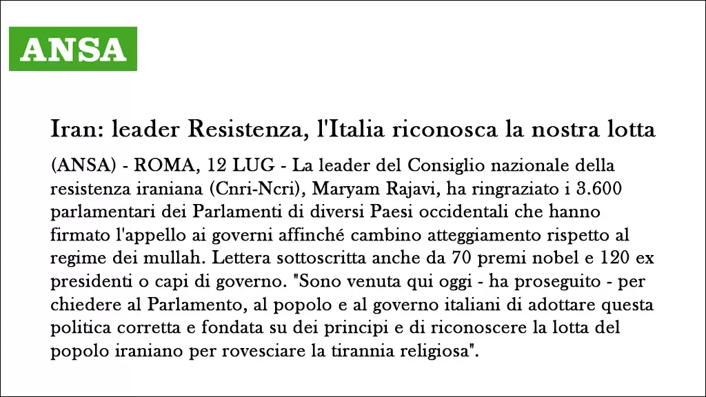 ایران: رهبر مقاومت، ایتالیا مبارزه ما را به‌رسمیت بشناسد