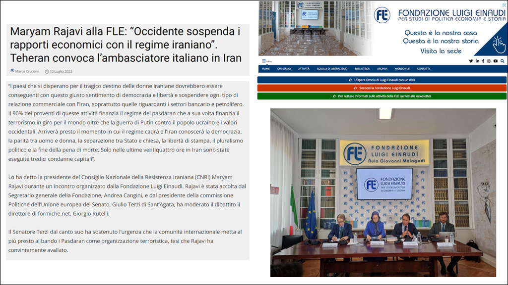 مریم رجوی در FLE: غرب روابط اقتصادی خود را با رژیم ایران تعلیق کند. تهران سفیر ایتالیا در ایران را احضار کرد